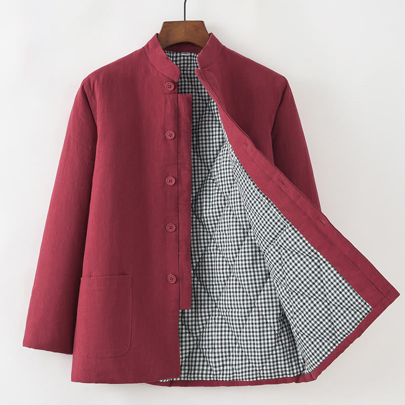 Buddha Stones Winter Men's Frog-Button Tang Suit Linen Cotton Fleece Lined Jacket Shirt With Pockets - FireBrick - Button Down - US/UK/AU44，EU54 (4XL) - image 13