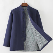 Foviel Winter Men's Frog-Button Tang Suit Linen Cotton Fleece Lined Jacket Shirt With Pockets