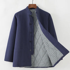 Buddha Stones Winter Men's Frog-Button Tang Suit Linen Cotton Fleece Lined Jacket Shirt With Pockets - SteelBlue - Button Down - US/UK/AU44，EU54 (4XL) - image 0