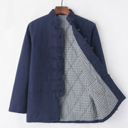 Foviel Winter Men's Frog-Button Tang Suit Linen Cotton Fleece Lined Jacket Shirt With Pockets