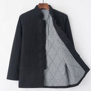 Foviel Winter Men's Frog-Button Tang Suit Linen Cotton Fleece Lined Jacket Shirt With Pockets