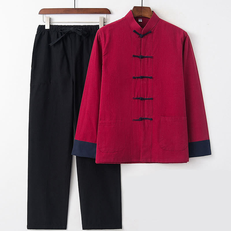 Buddha Stones 2Pcs Fall Men's Tang Suit Frog-Button Cotton Long Sleeve Shirt Pants Set - Wine Red Blue Sleeves - US/UK/AU46，EU56 (5XL) - image 13