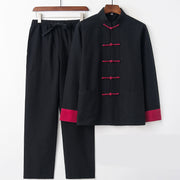 Foviel 2Pcs Fall Men's Tang Suit Frog-Button Cotton Long Sleeve Shirt Pants Set