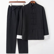 Foviel 2Pcs Fall Men's Tang Suit Frog-Button Cotton Long Sleeve Shirt Pants Set