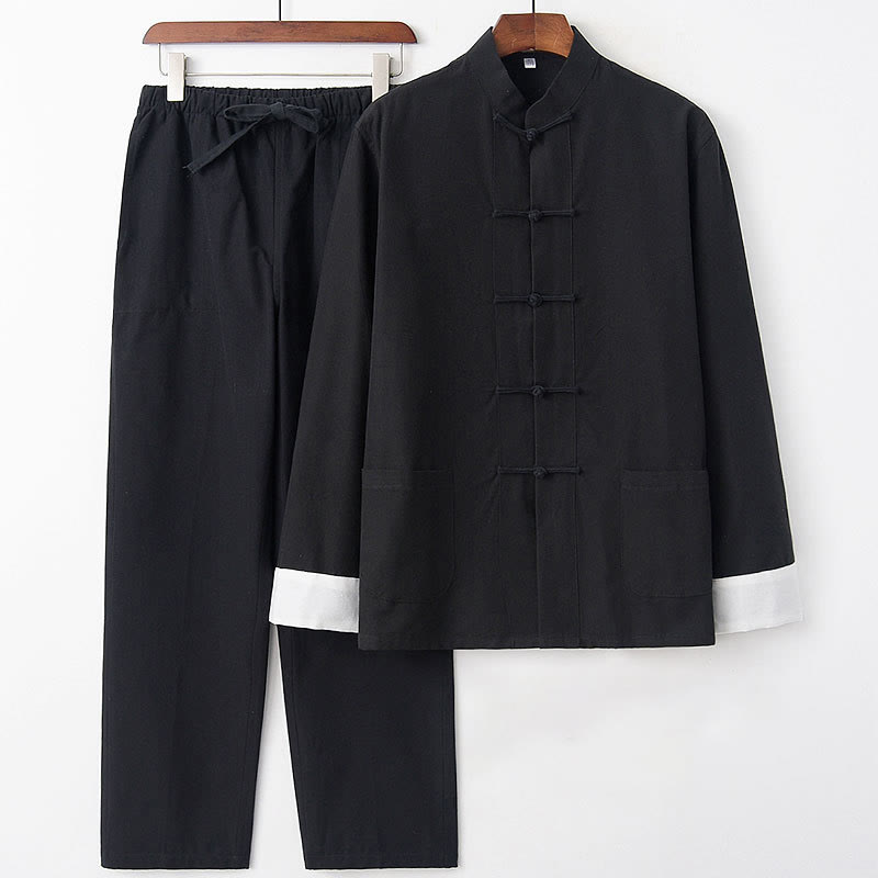 Buddha Stones 2Pcs Fall Men's Tang Suit Frog-Button Cotton Long Sleeve Shirt Pants Set - Black White Sleeve - US/UK/AU46，EU56 (5XL) - image 14