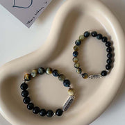 Foviel Natural Black Obsidian Tiger's Eye Six True Words 'om Mani Padme Hum' Strength Love Bracelet