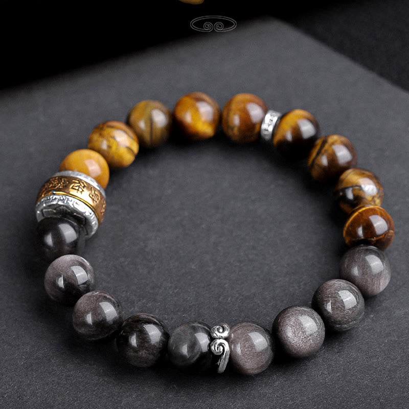 Buddha Stones Natural Silver Sheen Obsidian Tiger's Eye Six True Words 'om Mani Padme Hum'  Strength Bracelet Bracelet BS main