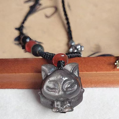Foviel Natural Silver Sheen Obsidian Nine Tailed Fox Protection Necklace Pendant