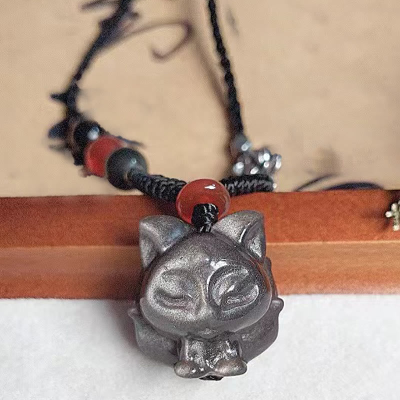 Foviel Natural Silver Sheen Obsidian Nine Tailed Fox Protection Necklace Pendant