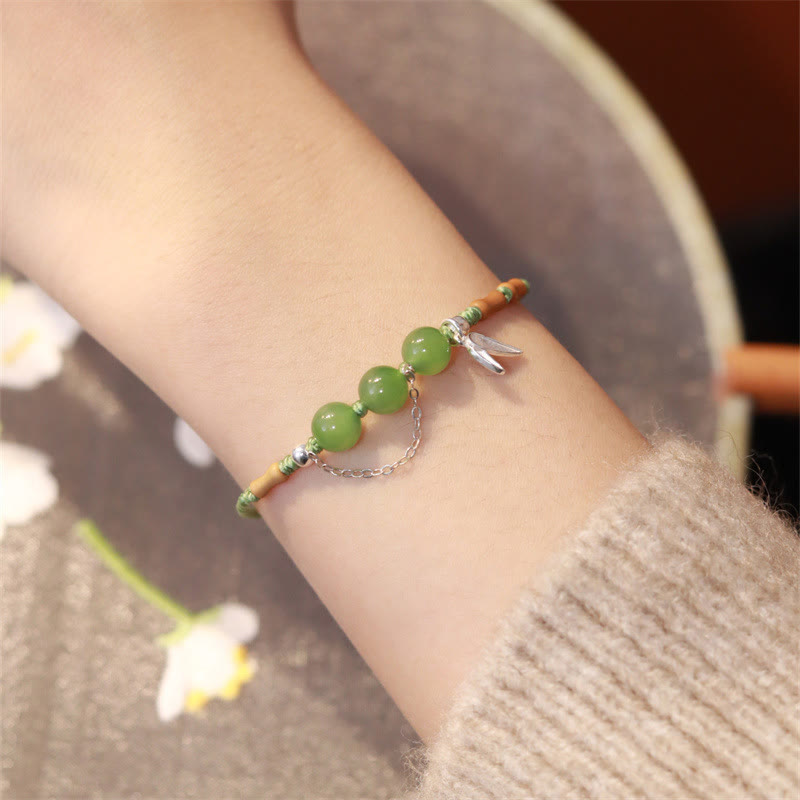 Buddha Stones 925 Sterling Silver Bamboo Leaves Hetian Jade Chalcedony Beads Blessing Braided Bracelet Bracelet BS Hetian Jade(Wrist Circumference: 16-17cm)