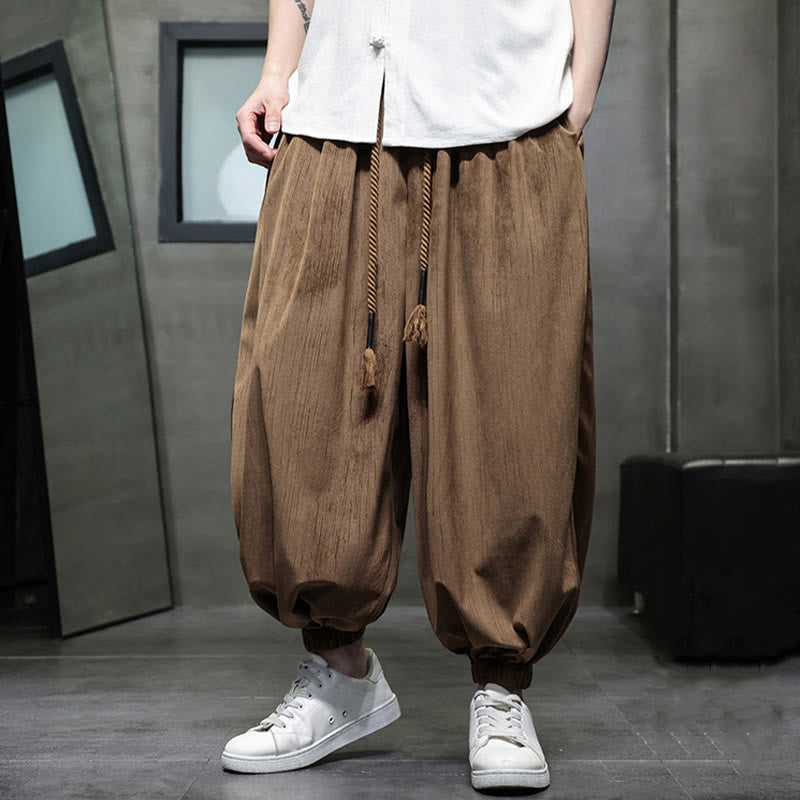 Pantalon harem thermique pour homme Foviel en velours côtelé de couleur unie avec cordon de serrage et poches