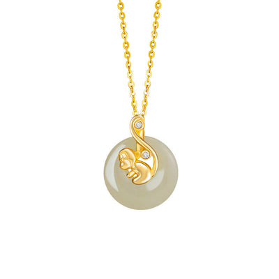 Buddha Stones Chinese Zodiac Hetian Jade 925 Sterling Silver Abundance Necklace Pendant Necklaces & Pendants BS Hetian Jade 925 Sterling Silver-Monkey