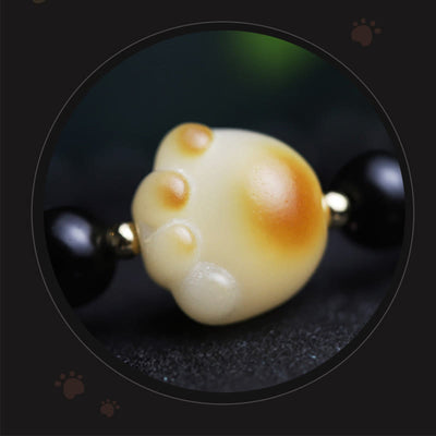 Buddha Stones Black Obsidian Cat Paw Bodhi Seed Lucky Fortune Charm Purification Bracelet Bracelet BS 14
