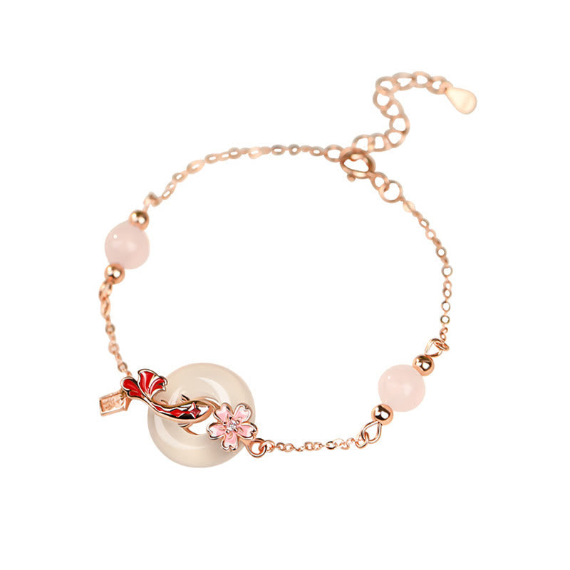 Buddha Stones Chalcedony Pink Crystal 925 Sterling Silver Flowers Koi Fish Peace Buckle Positive Bracelet Bracelet BS 10