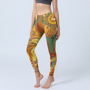 Foviel Golden Auspicious Cloud Waves Print Gym Leggings Women's Yoga Pants