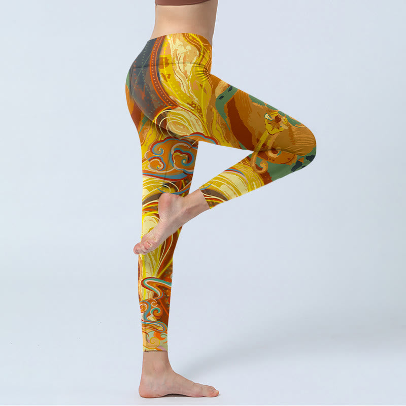 Buddha Stones Golden Auspicious Cloud Waves Print Gym Leggings Women's Yoga Pants - image 3