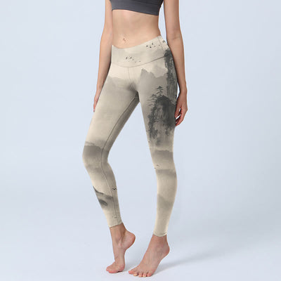 Buddha Stones Mountains Shrouded In Mist Wild Goose Gym Leggings Women's Yoga Pants - PaleGoldenrod - US18，UK/AU22，EU50 (4XL) - image 0