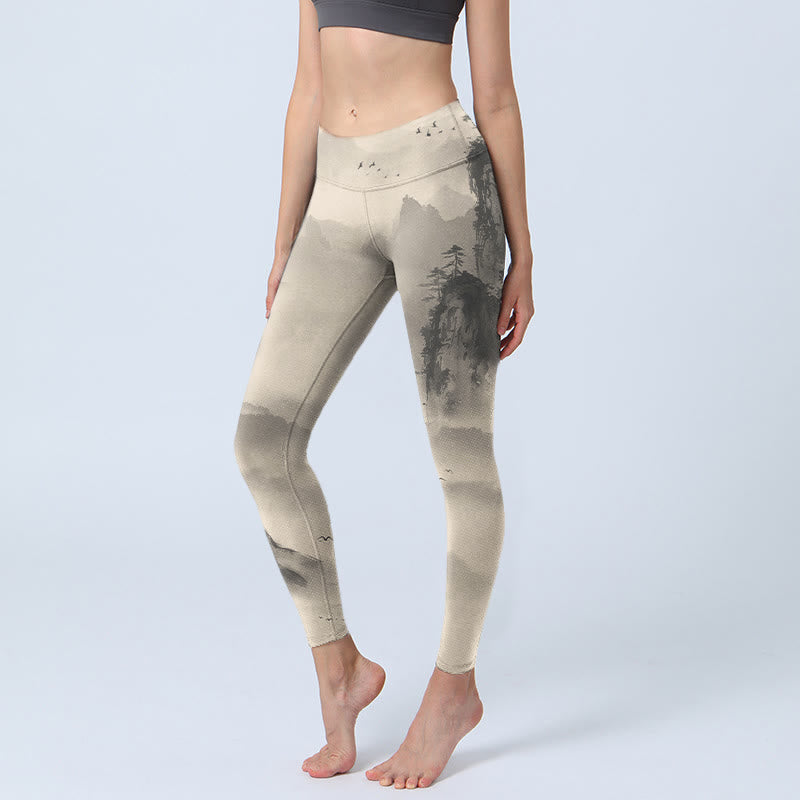 Buddha Stones Mountains Shrouded In Mist Wild Goose Gym Leggings Women's Yoga Pants - PaleGoldenrod - US18，UK/AU22，EU50 (4XL) - image 0