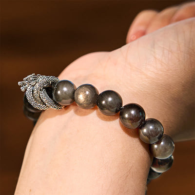 Foviel Silver Sheen Obsidian Dragon Protection Bracelet
