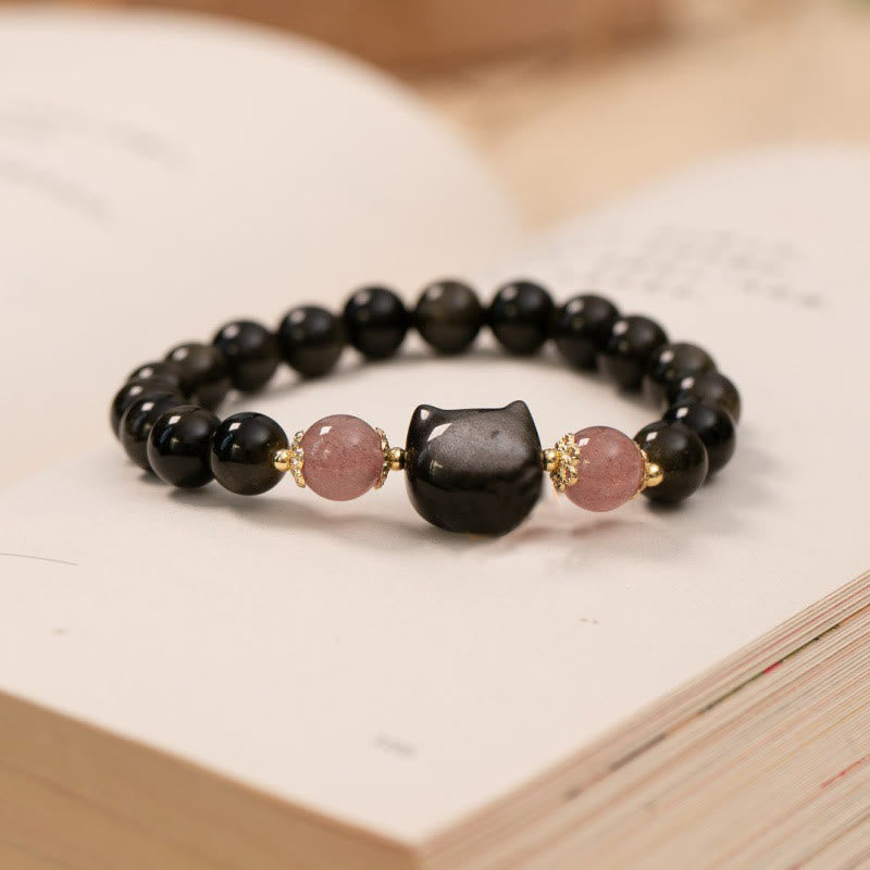 Buddha Stones Black Obsidian Strawberry Quartz Beads Silver Sheen Obsidian Cat Head Strength  Bracelet Bracelet BS 1