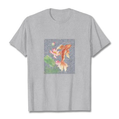Buddha Stones Koi Fish Lotus Combination Cotton Tee T-shirt T-Shirts BS LightGrey 2XL