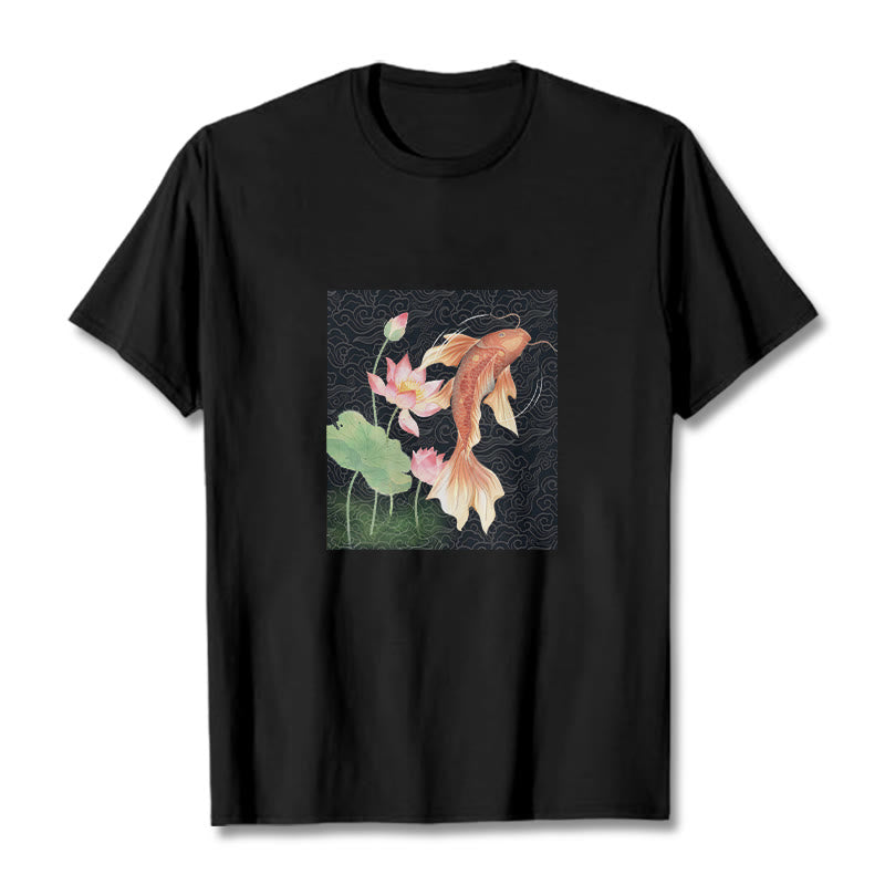 Buddha Stones Koi Fish Lotus Combination Cotton Tee T-shirt T-Shirts BS Black 2XL