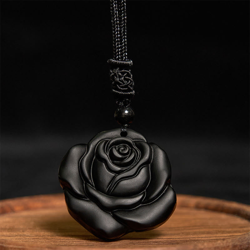 Collier pendentif de purification rose noire en obsidienne noire Foviel