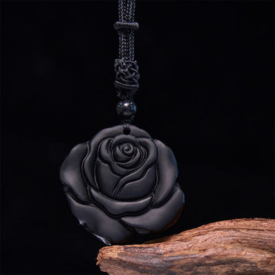 Collier pendentif de purification rose noire en obsidienne noire Foviel