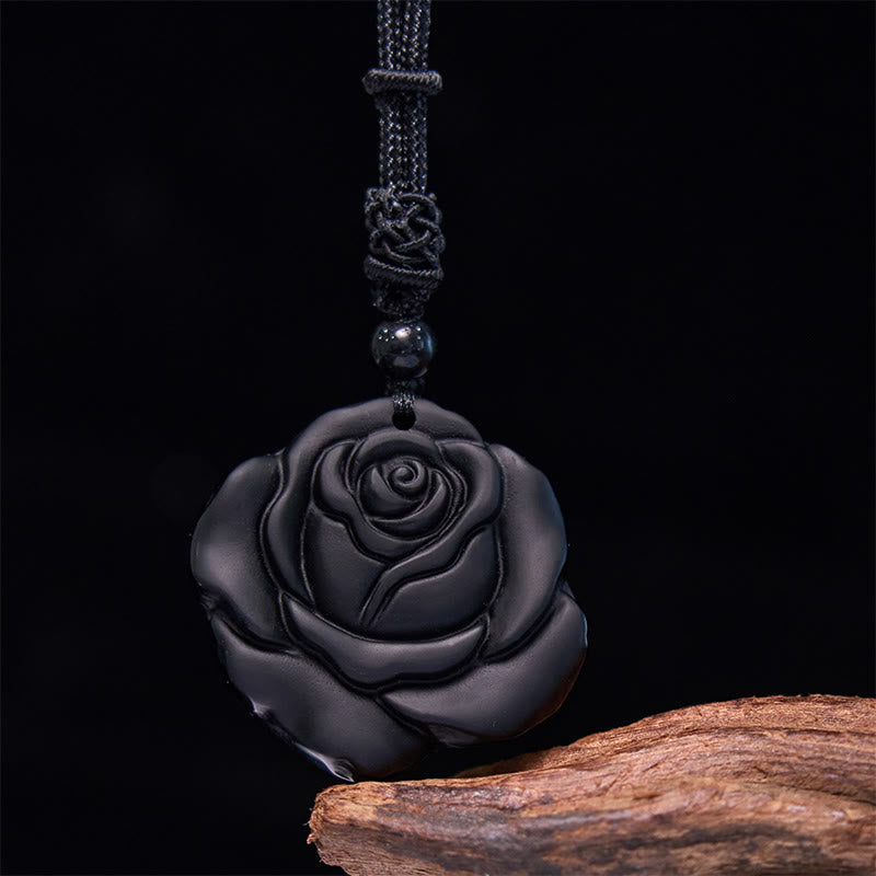 Collier pendentif de purification rose noire en obsidienne noire Foviel