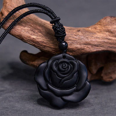 Collier pendentif de purification rose noire en obsidienne noire Foviel