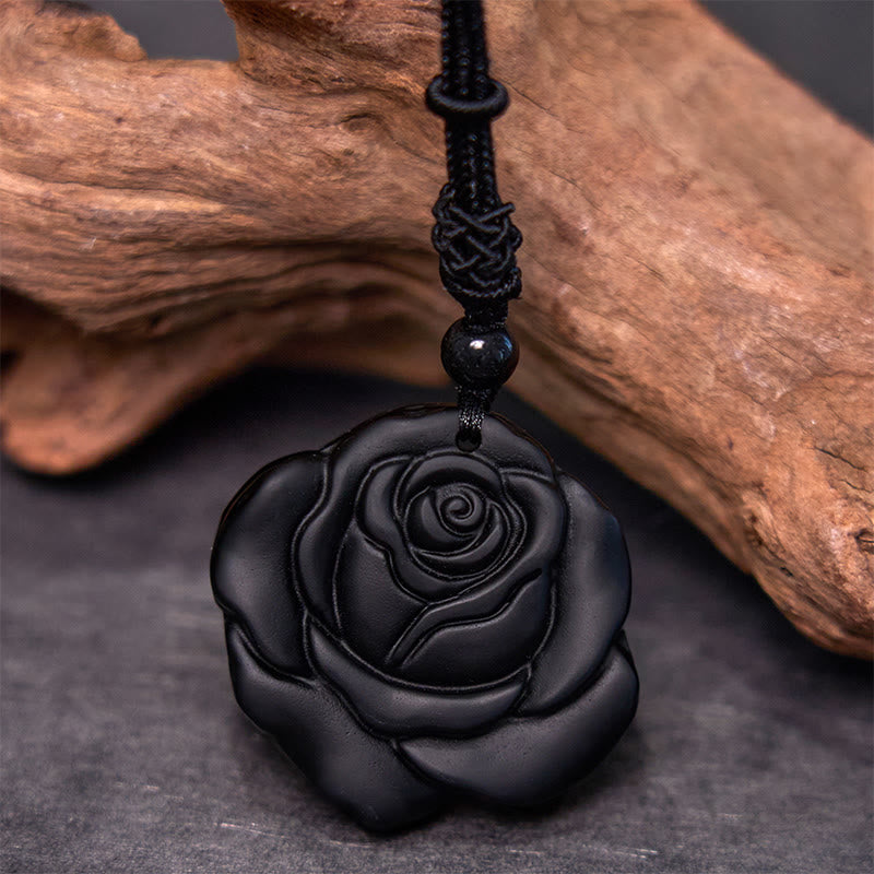 Collier pendentif de purification rose noire en obsidienne noire Foviel
