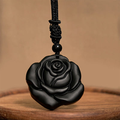 Collier pendentif de purification rose noire en obsidienne noire Foviel