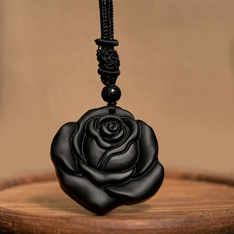 Collier pendentif de purification rose noire en obsidienne noire Foviel