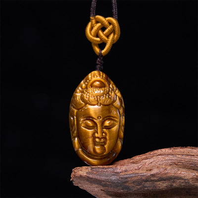 Foviel Tiger Eye Kwan Yin Avalokitesvara Head String Strength Necklace Pendant