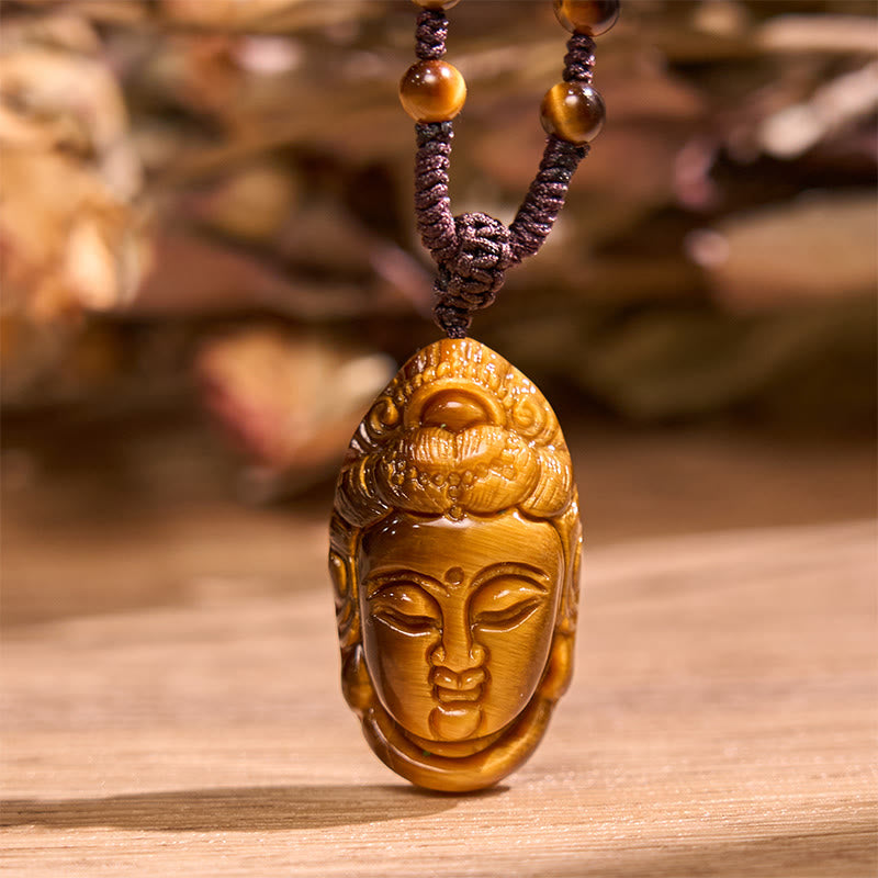 Foviel Tiger Eye Kwan Yin Avalokitesvara Head String Strength Necklace Pendant