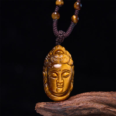 Foviel Tiger Eye Kwan Yin Avalokitesvara Head String Strength Necklace Pendant