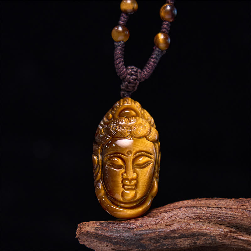 Foviel Tiger Eye Kwan Yin Avalokitesvara Head String Strength Necklace Pendant