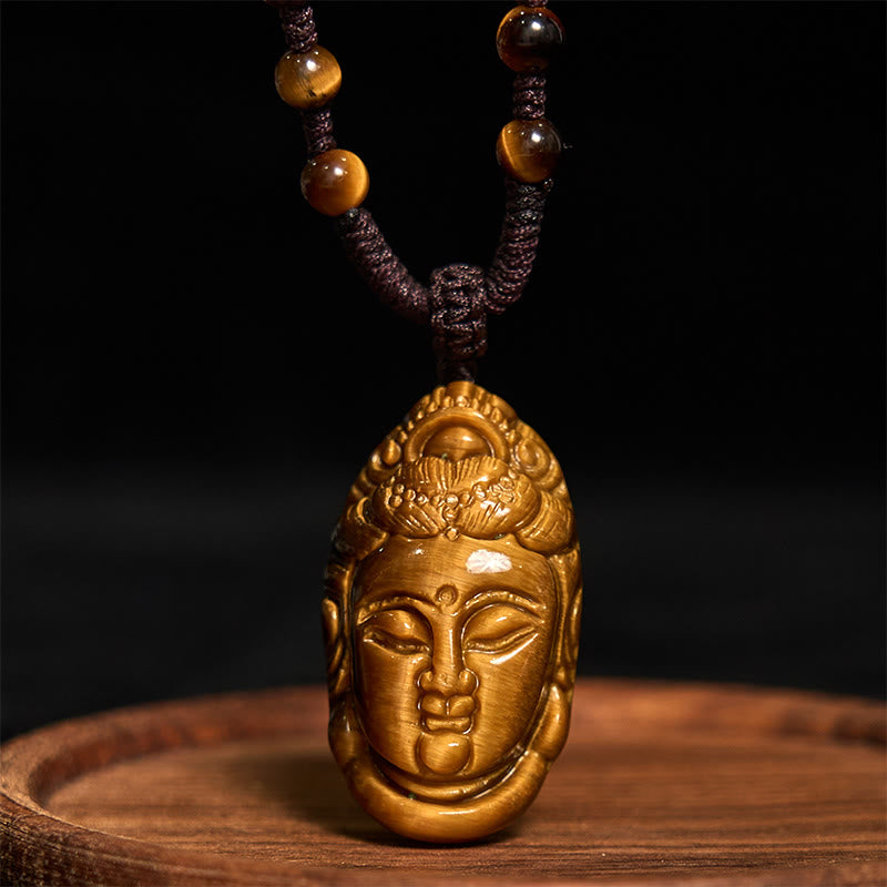Foviel Tiger Eye Kwan Yin Avalokitesvara Head String Strength Necklace Pendant