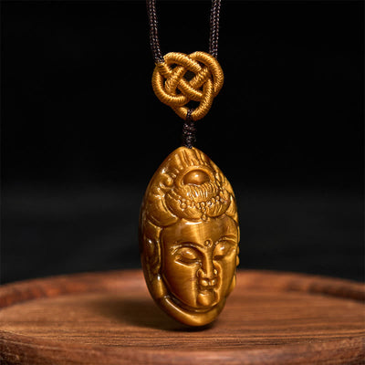 Foviel Tiger Eye Kwan Yin Avalokitesvara Head String Strength Necklace Pendant
