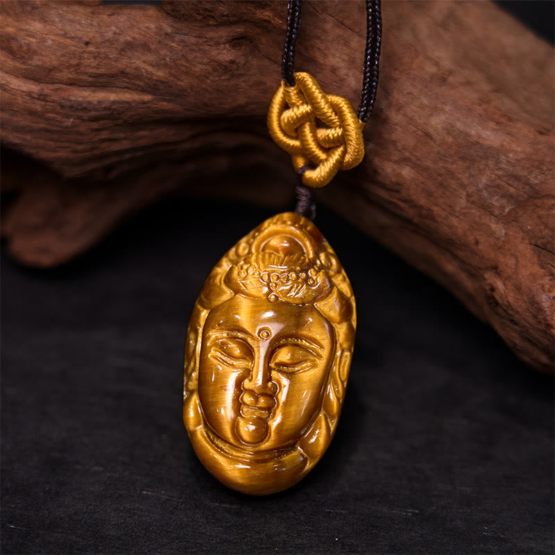 Foviel Tiger Eye Kwan Yin Avalokitesvara Head String Strength Necklace Pendant