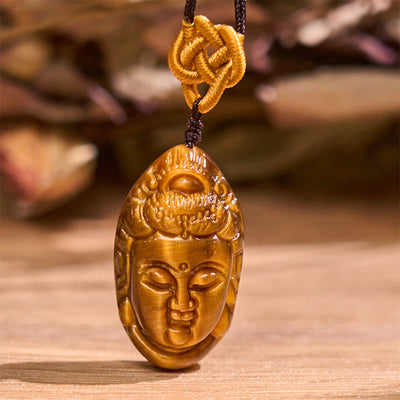 Foviel Tiger Eye Kwan Yin Avalokitesvara Head String Strength Necklace Pendant