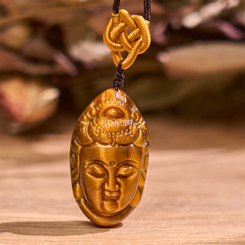 Foviel Tiger Eye Kwan Yin Avalokitesvara Head String Strength Necklace Pendant