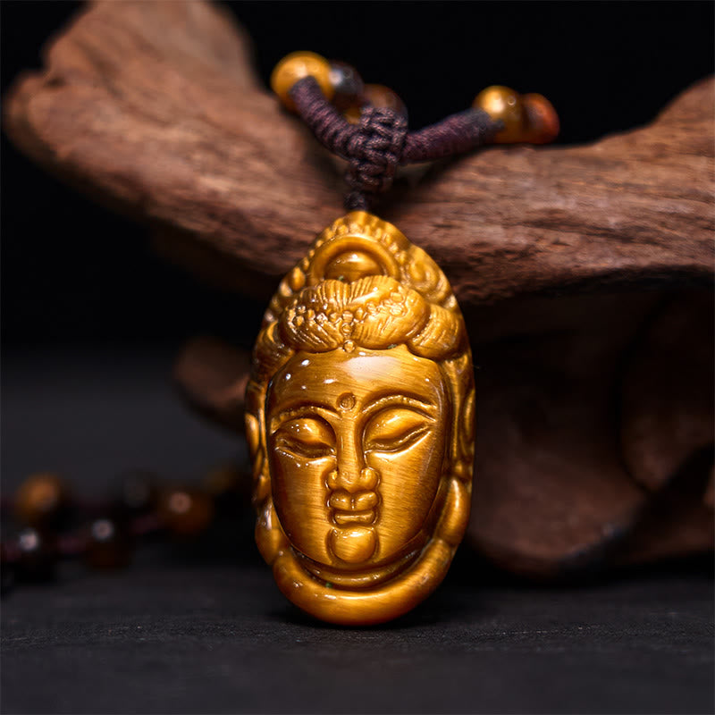 Foviel Tiger Eye Kwan Yin Avalokitesvara Head String Strength Necklace Pendant