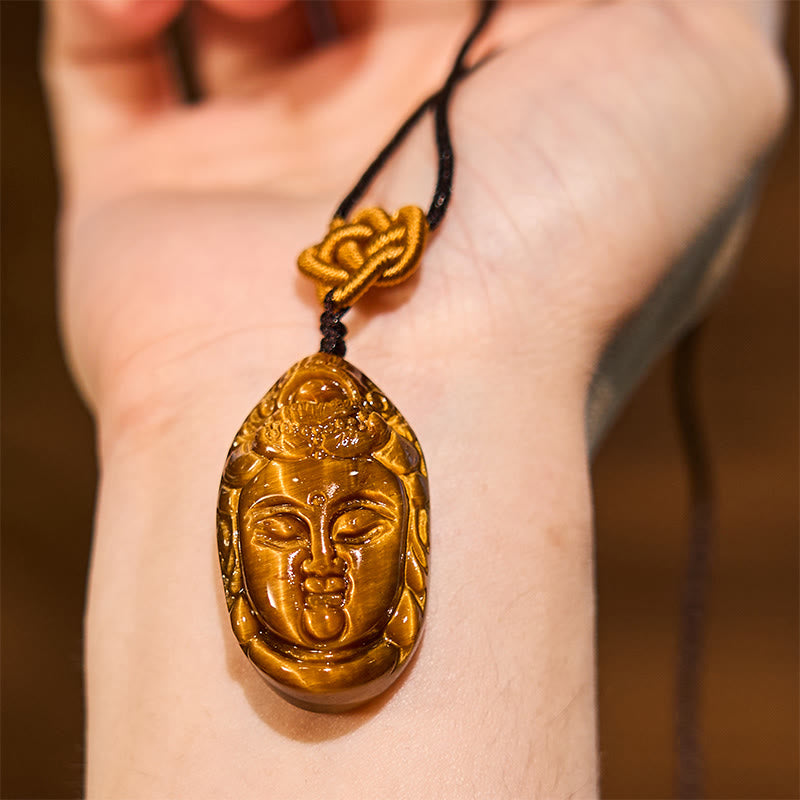 Foviel Tiger Eye Kwan Yin Avalokitesvara Head String Strength Necklace Pendant