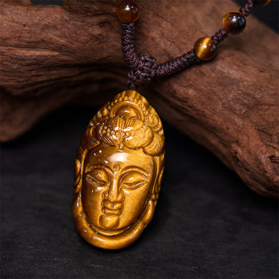 Foviel Tiger Eye Kwan Yin Avalokitesvara Head String Strength Necklace Pendant