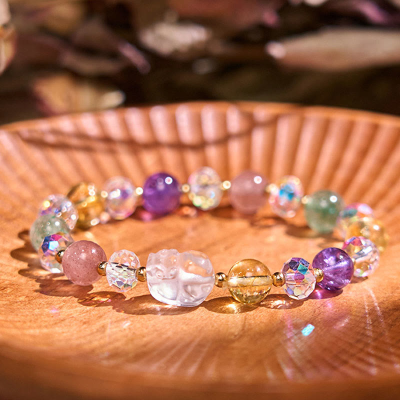 Bracelet porte-bonheur Foviel PiXiu en cristal blanc, citrine, quartz fraise vert et améthyste