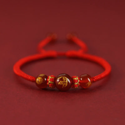 Buddha Stones Handmade Red Agate Chinese Zodiac Red String Braided Protection Bracelet Bracelet BS Red Agate Chinese Zodiac-Tiger