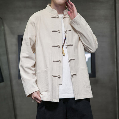 Buddha Stones Solid Color Frog-button Tang Suit Cotton Linen Men's Jacket Shirt With Pockets - image 15