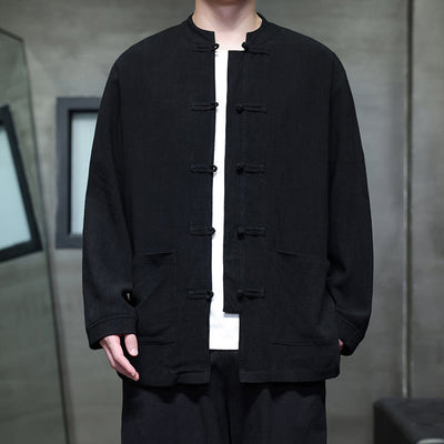 Buddha Stones Casual Plain Color Frog-button Linen Men's Jacket Shirt With Pockets - image 10