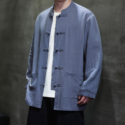 Buddha Stones Casual Plain Color Frog-button Linen Men's Jacket Shirt With Pockets - image 2